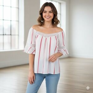 Banana Republic White Red Stripe Square‎ Neck Ruffle Sleeve Blouse Top - Size M